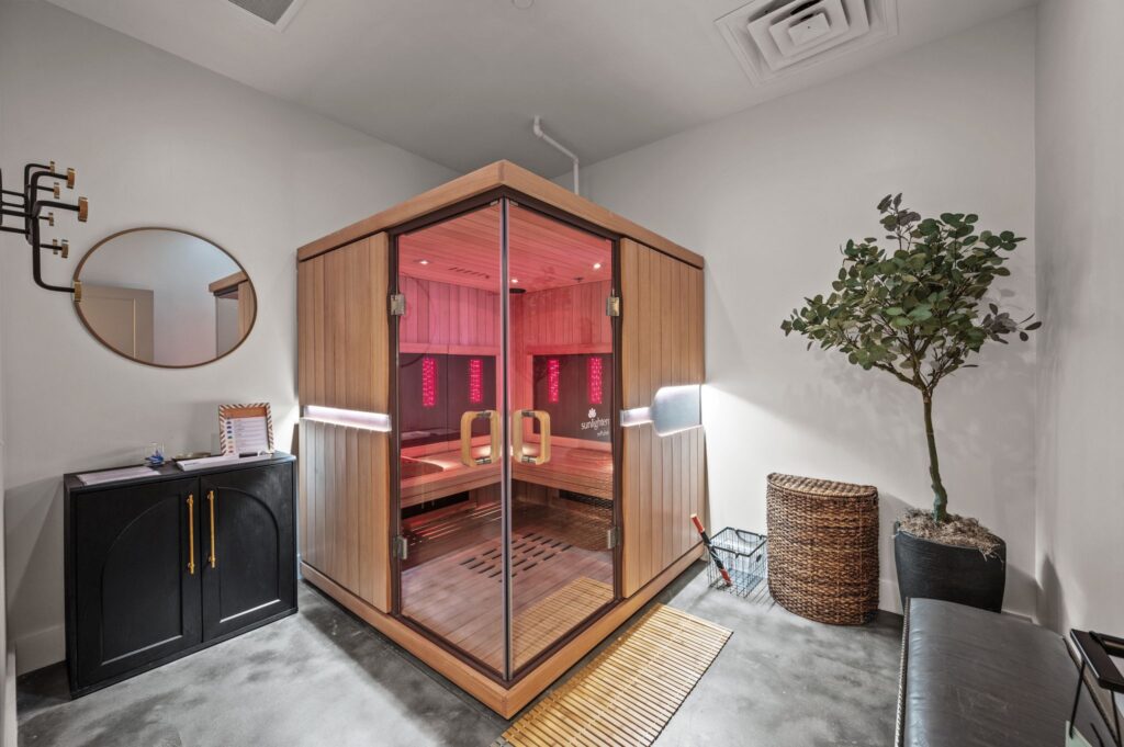 wellness room at Marathon Pilates in Nashville with infrared sauna and red light therapy